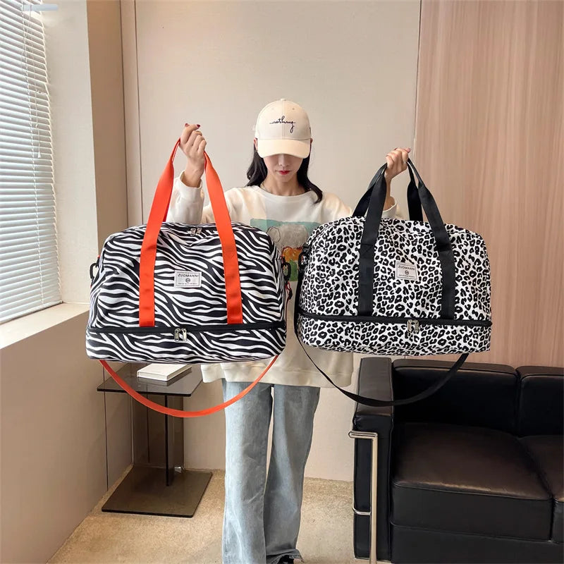 Travel Bag Women's Handbag Leopard Zebra Print Waterproof Large Size Luggage Fitness Dry Wet Separation Duffle Bag Weekend Bag