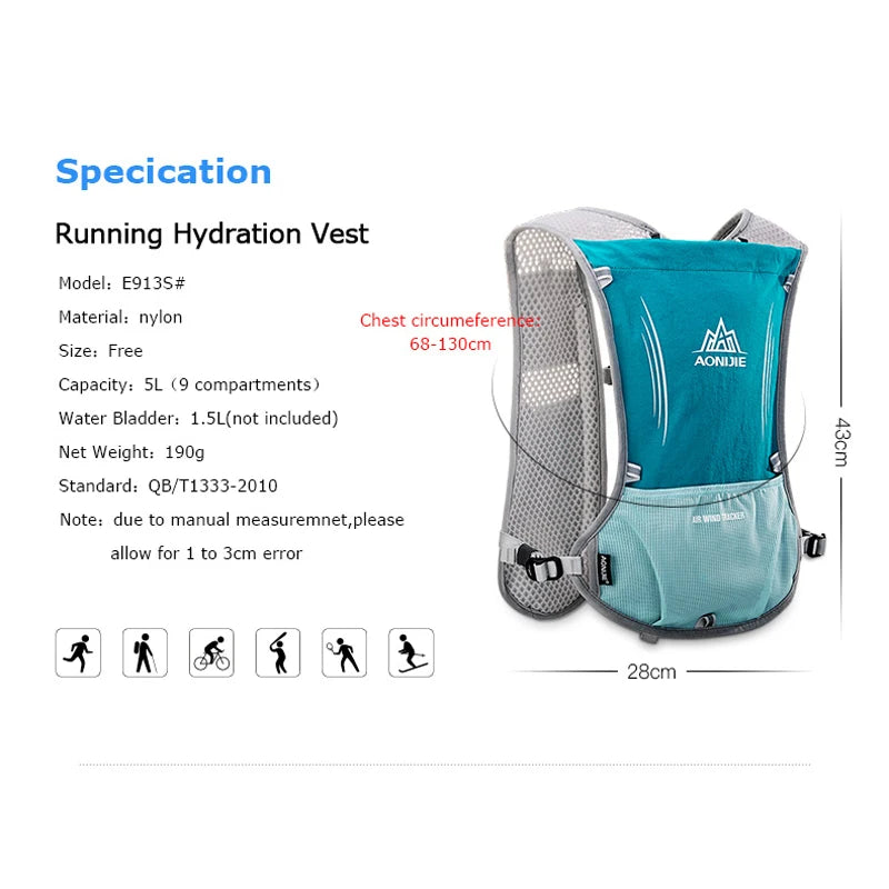 AONIJIE E913S 5L Hydration Pack Backpack Rucksack Bag Vest For 2L Water Bladder Hiking Running Marathon Race Sports Water bottle