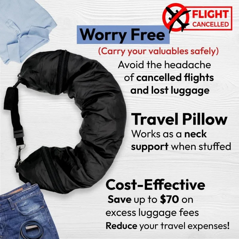 Travel Neck Pillow That You Stuff with Clothes - Avoid Excess Luggage fees. Double as a Carry-On and Extra Luggage