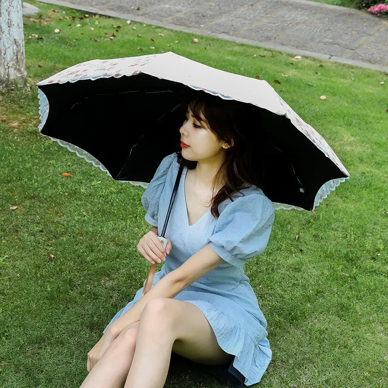 3 Folding Handle Women's Umbrella Embroidered ANTI-UV Umbrella Women Sunny and Rainy Unbrella Windproof Female Girl Parasol