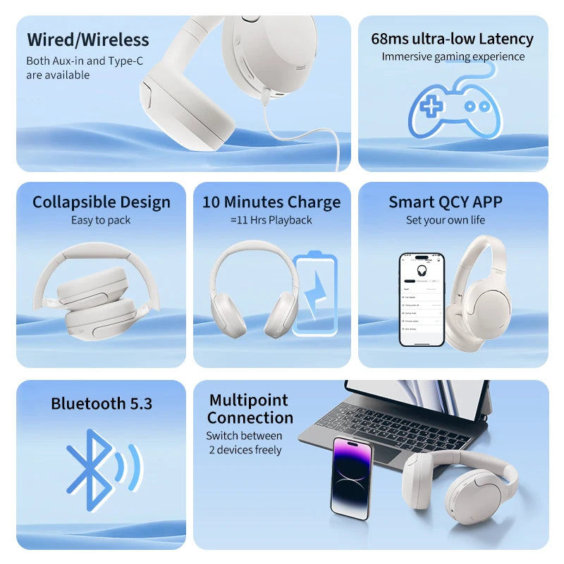 QCY H3 Lite ANC Wireless Headphones Active Noise Cancelling Over Ear Headset Bluetooth 5.3 Earphones 40mm Driver HiFi Sound 60H