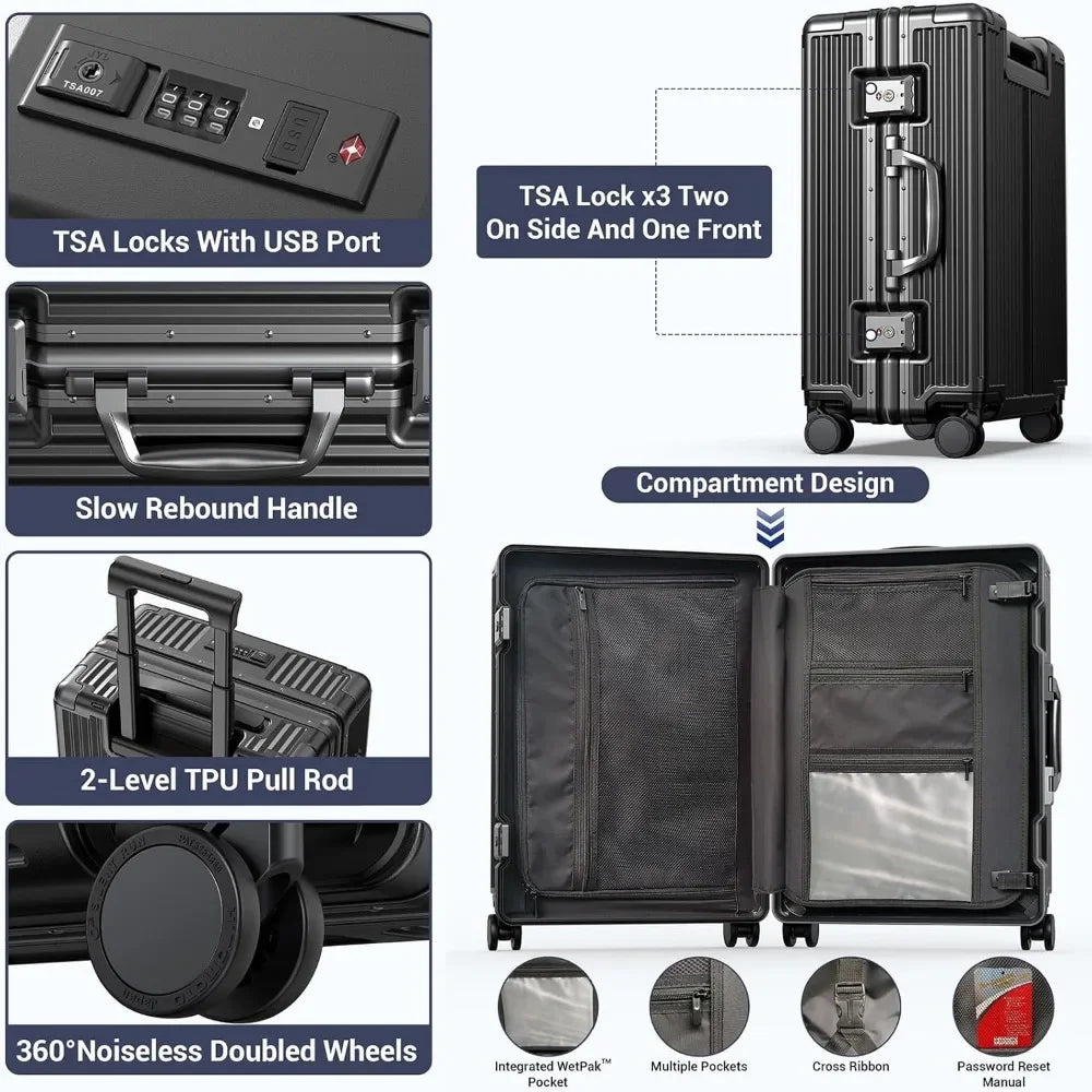 Portable Carry on Luggage Airline Approved, Expandable Luggage for Trips, Practical Suitcase with Front Pocket ＆USB Port.