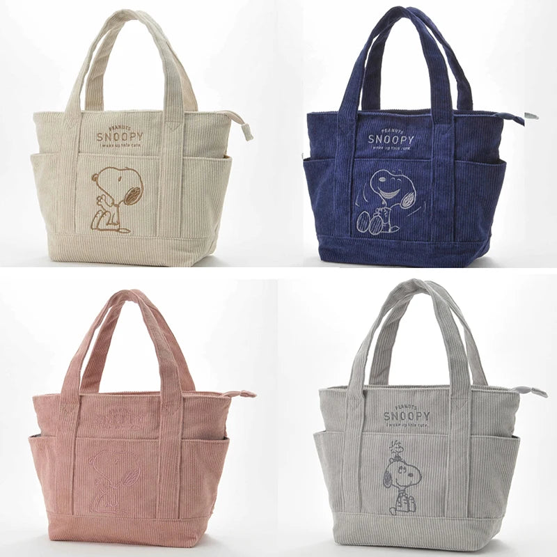 Kawaii Snoopy Embroidery Corduroy Handbags Casual Zipper Large Capacity Tote Bags Unisex Chic Solid Shoulder Bags For Women