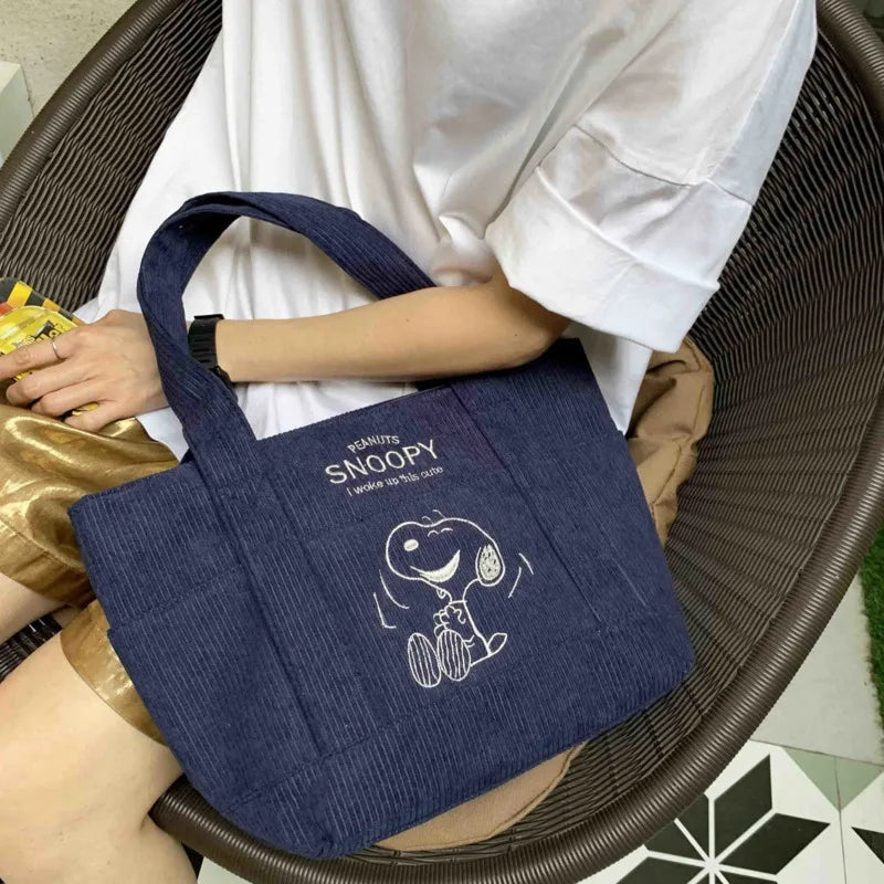 Kawaii Snoopy Embroidery Corduroy Handbags Casual Zipper Large Capacity Tote Bags Unisex Chic Solid Shoulder Bags For Women