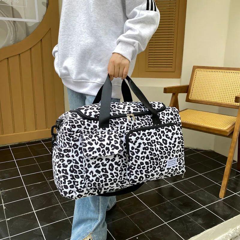 New Leopard Pattern Travel Duffle Bag Nylon Large Capacity Sports Gym Bag with Swim Wash Bag Weekend Overnight Luggage Bag