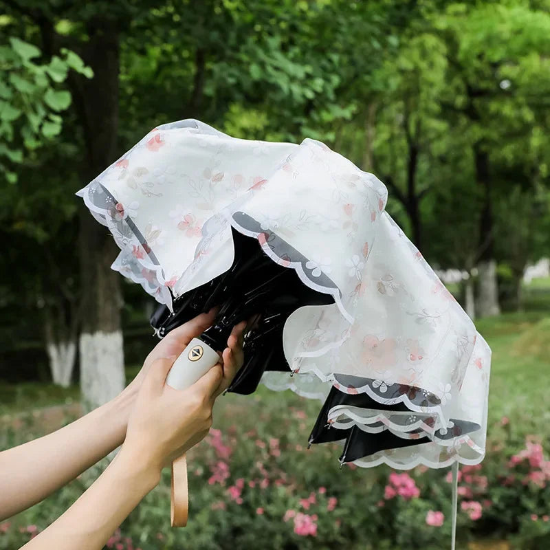 3 Folding Handle Women's Umbrella Embroidered ANTI-UV Umbrella Women Sunny and Rainy Unbrella Windproof Female Girl Parasol