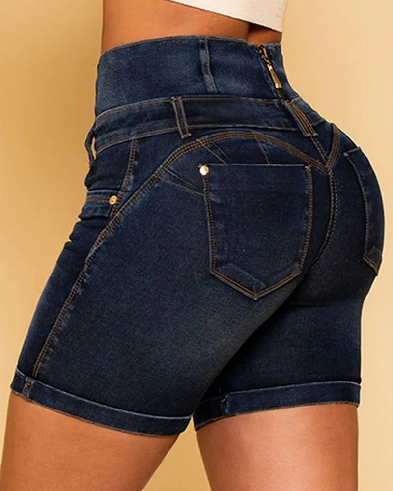 Classic Stretchy Washed Shorts Jeans 2023 Women Solid High Wasit Multi BreastedCasual Zipper Decoration Pocket Denim Shorts