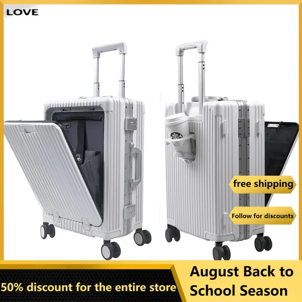 Suitcase，Carry On Luggage with Cup Holder and Usb PortAluminum Frame Front Compartment TSA Lock  22x14x9 Airline Approved