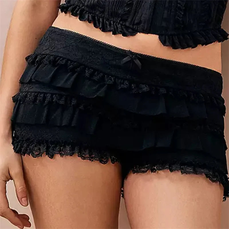 Lamuusaa Ruffle Shorts y2k Clothes Women Solid Color Elastic Low Waist Layered Tiered Lace Bloomers Vacation Beach Streetwear