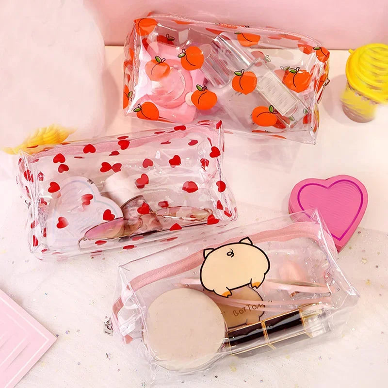 Clear Makeup Bag Fashion Transparent Travel Portable Mini Wash Storage Bags Strawberry Flower Print Women Zipper Cosmetic Bag