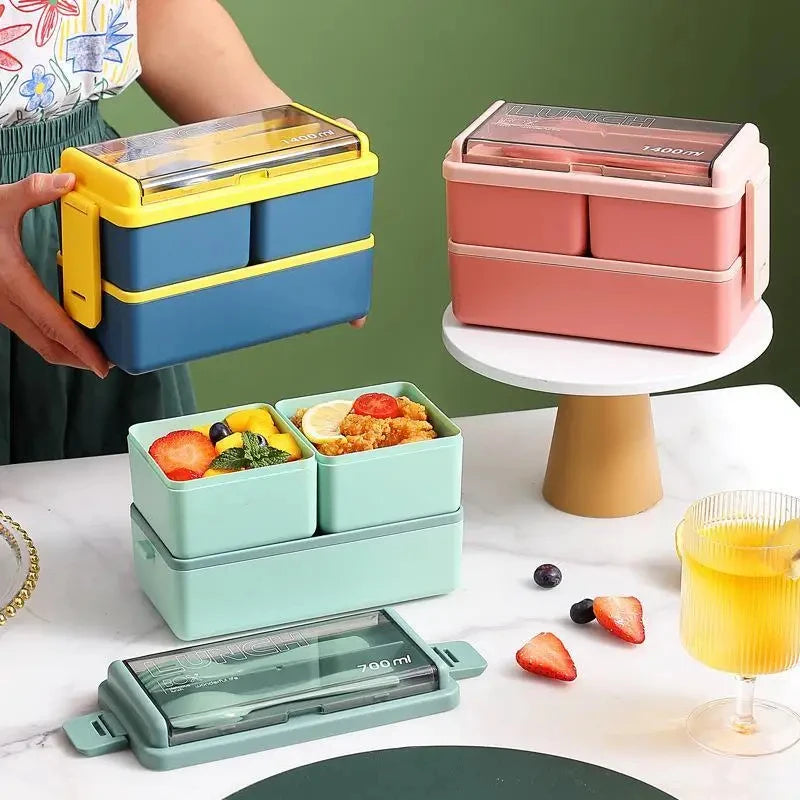 2 Layer Portable Leakproof Snack Lunch Bento Box Kid Student Microwave Dinnerware Fork Spoon Set Food Storage Container Office