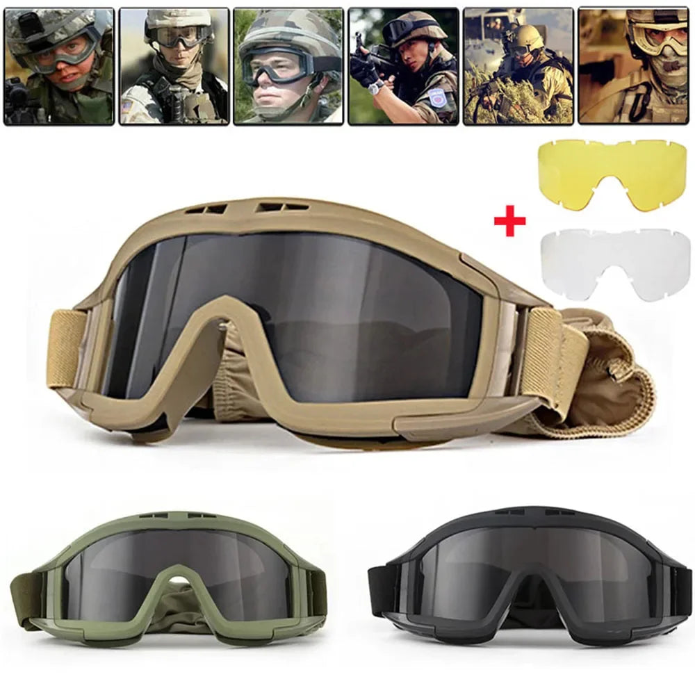 Tactical Goggles Mountaineering Shooting Sunglasses Windproof Sand Control Motocross CS Glasses 3 Lenses Replaceable Motorcycle