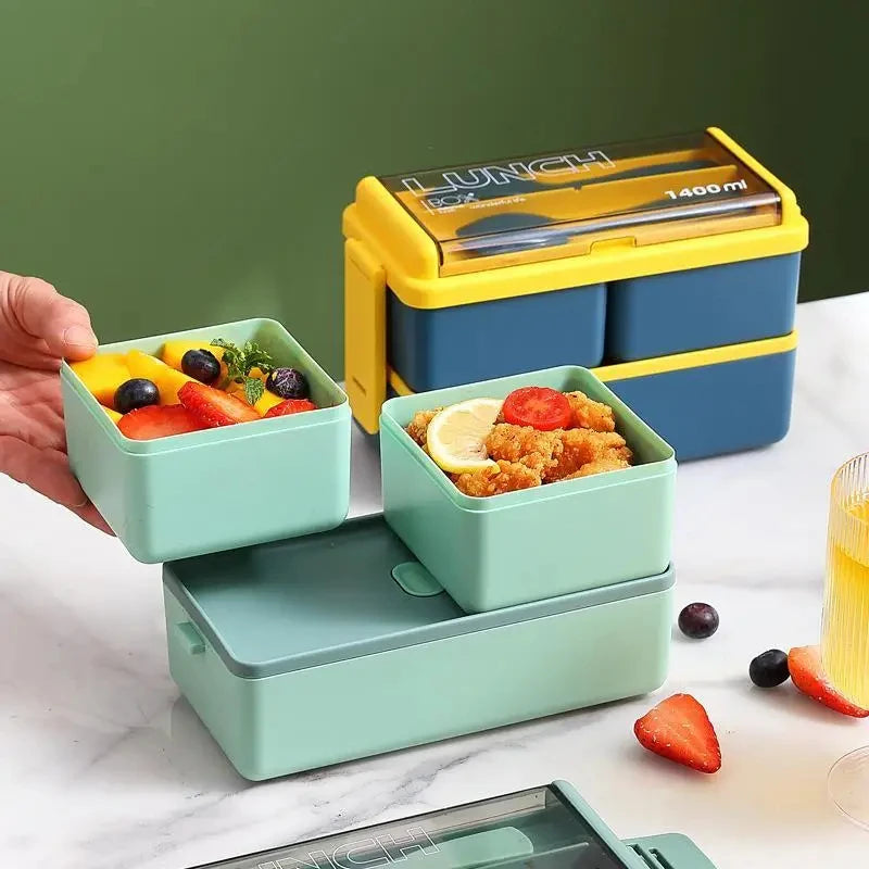 2 Layer Portable Leakproof Snack Lunch Bento Box Kid Student Microwave Dinnerware Fork Spoon Set Food Storage Container Office