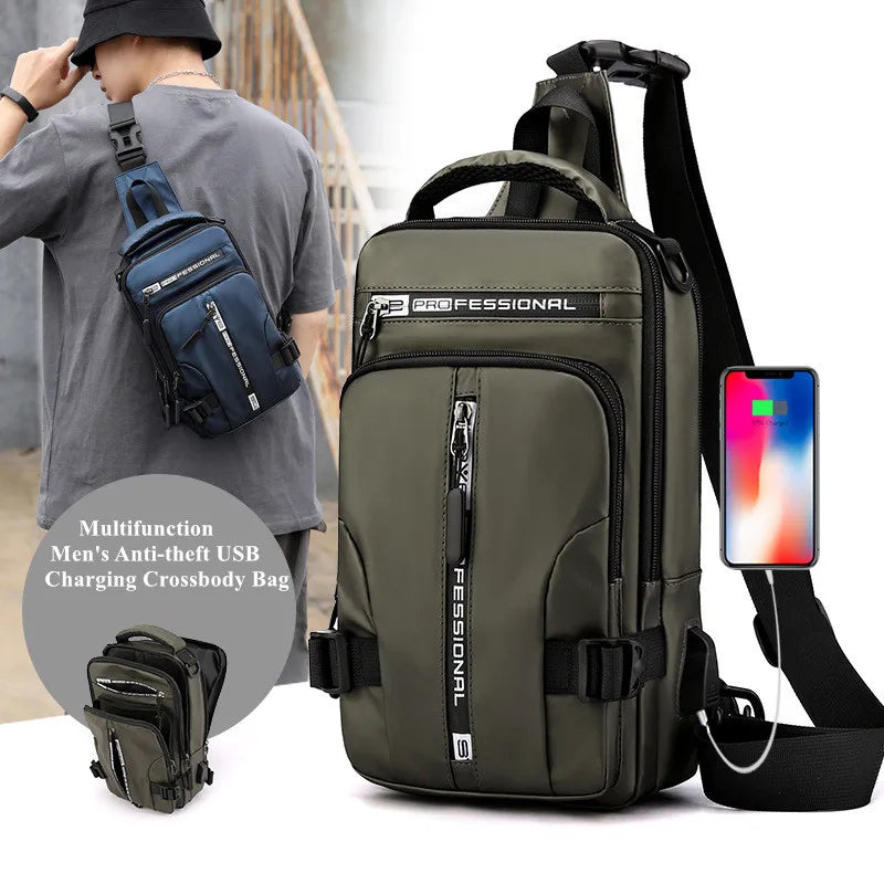 Waterproof Casual Chest Bag Men Multifunction Anti-theft USB Charging Men Crossbody Bag Nylon Canvas Travel Chest Bag Pack Male