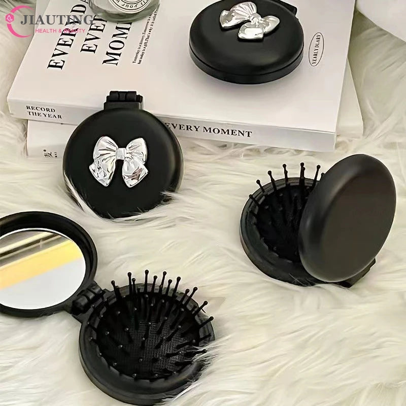 1pcs Cute Folding Massage Comb With Makeup Mirror Travel Portable Plastic Airbag Small Comb Hair Brush Bow Tie Air Cushion Comb