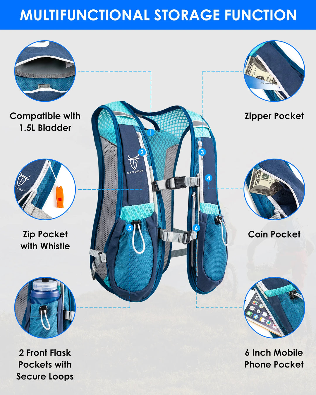 UTOBEST Trail Running Backpack 5L Ultra Lightweight Hydration Vest with 1.5L Water Bladder for Bicycle Marathon Hiking