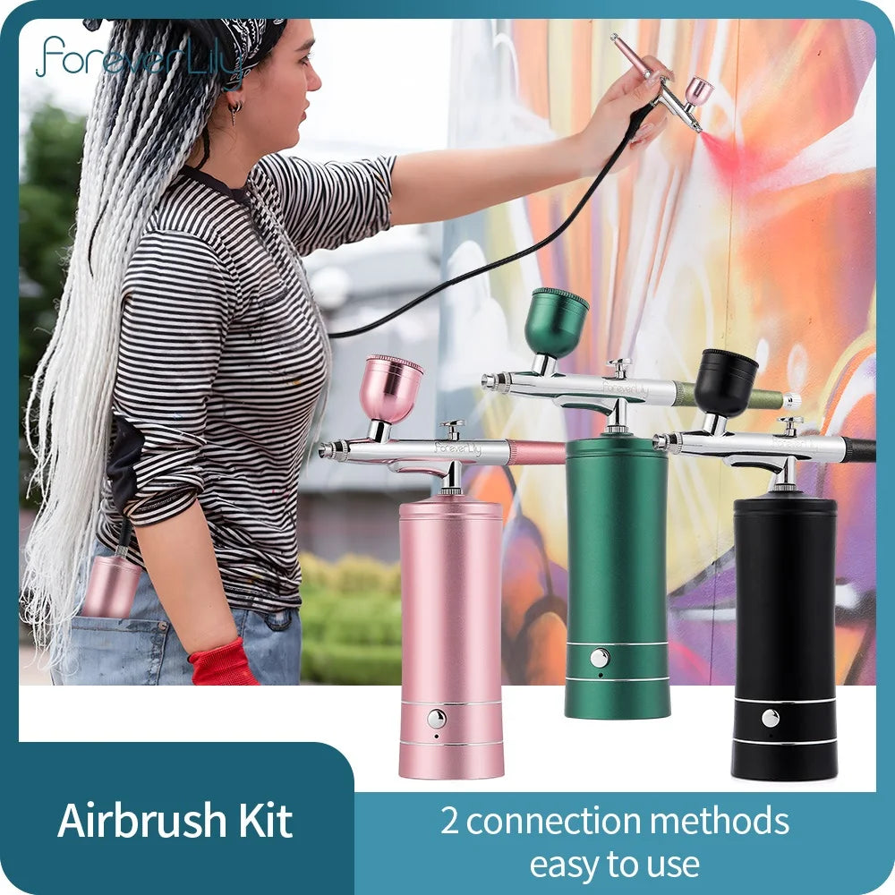 Foreverlily Airbrush Spray Gun 3 Gears Air Compressor Kit for Painting Manicure Makeup Cake Oxygen Injector with Air Tube