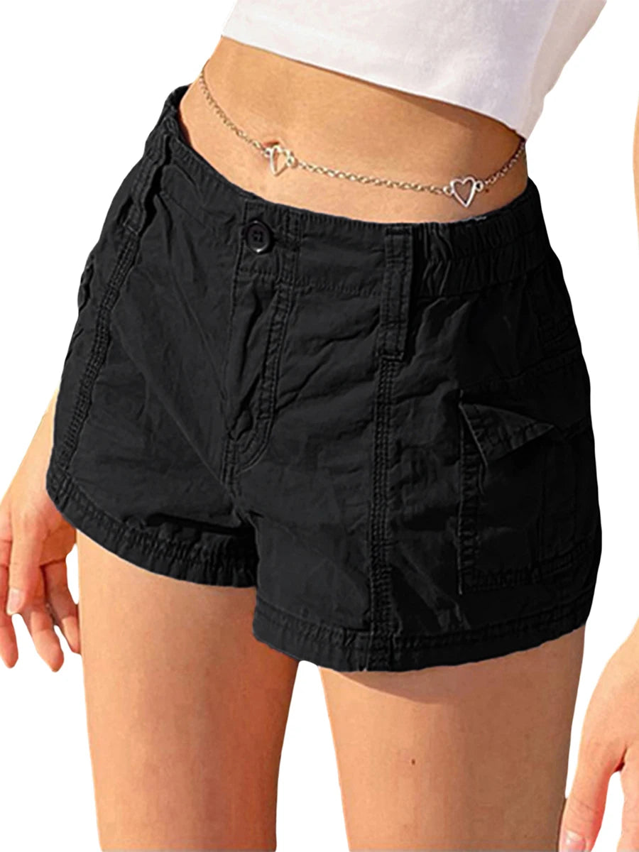 Y2K Harajuku Cargo Shorts for Women Elastic Side Pockets Low Waist Slim Short Hot Pants Hip Pop Hiking Atheletic Clothes