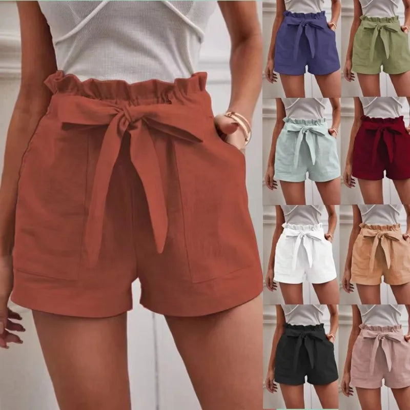 Europe and America Cross border New Summer Women's Loose Linen Casual Shorts Pockets Solid Large High Waist Wide Leg Pants