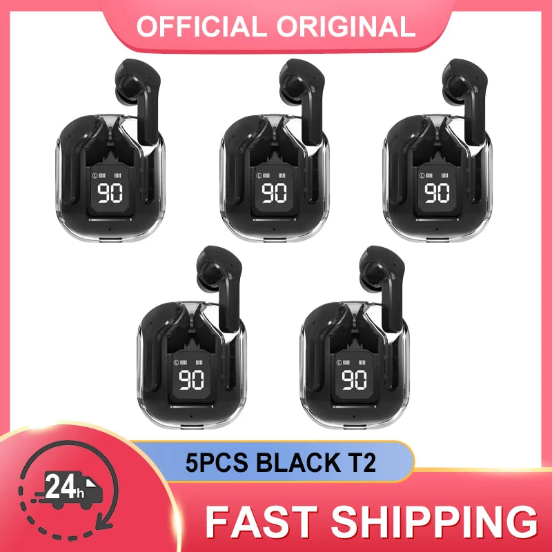 5PCS MOUIMI T2 Transparent Earphone Wireless Bluetooth 5.3 Headphone LED Power Display Headset HIFI Stereo HD Mic Call Earbuds