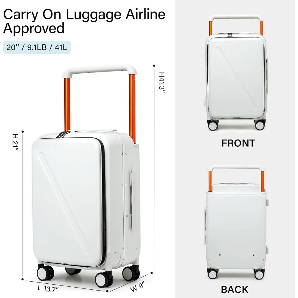 Luggage Hard Shell TSA Approved Luggage 20 Inch Front Opening Pocket Suitcase with Wheels Travel Luggage Wide Handle, White