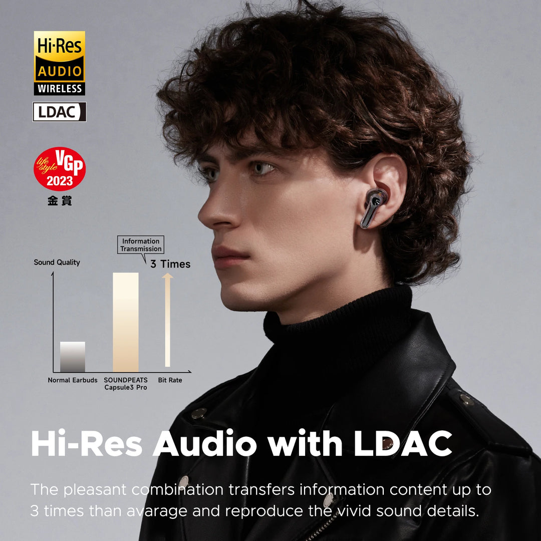 SoundPEATS Capsule3 Pro Wireless Earbuds with Hi-Res and LDAC, 43dB Hybrid ANC Bluetooth 5.3 Earphones with 6 Mics, Total 52 Hrs