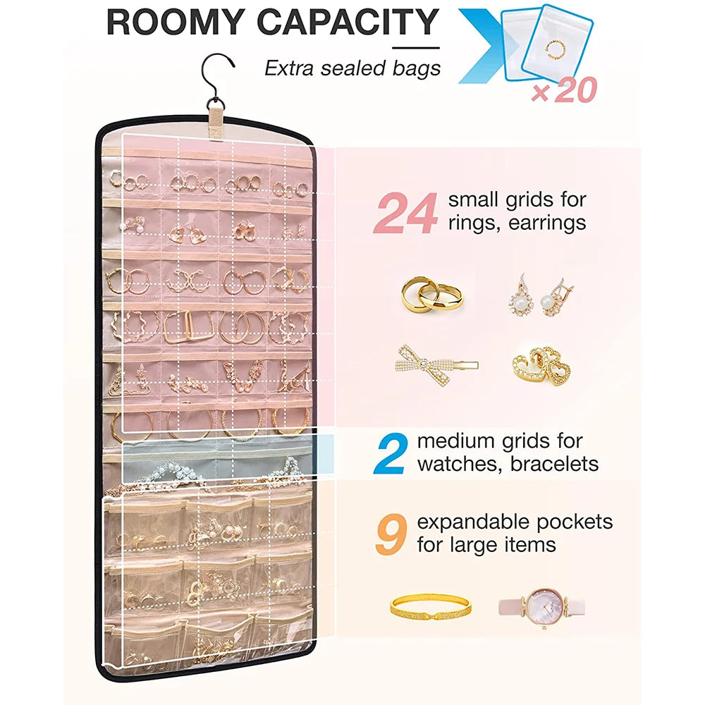 Travel Portable Wall Hanging Jewelry Organizer Necklace Holder Anti-tangle Earrings Hanger with 20 Jewelry Bags Storage Roll