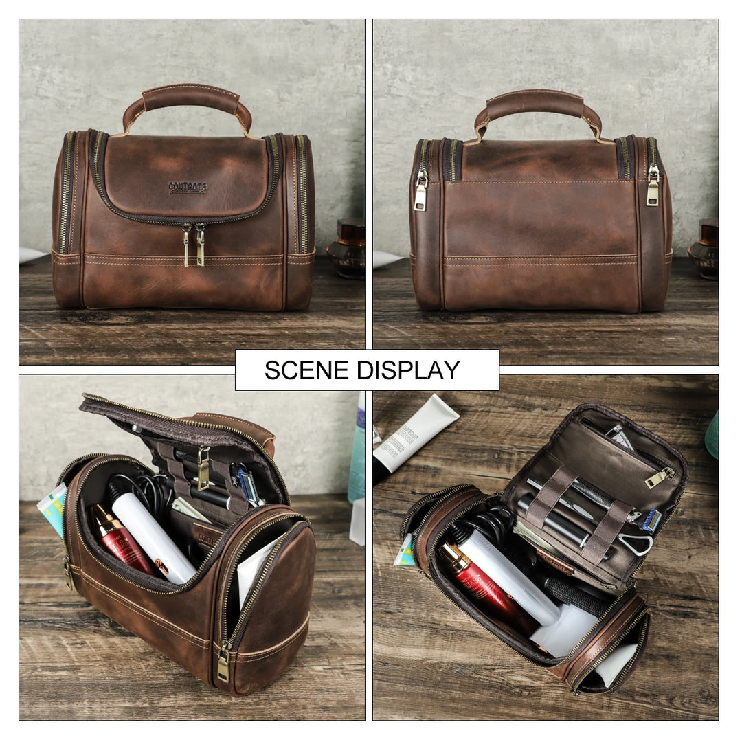 Contact's Men Business Travel Wash Toiletry Bag Crazy Horse Leather Washing Tool Storage Bag Cosmetics Handbag