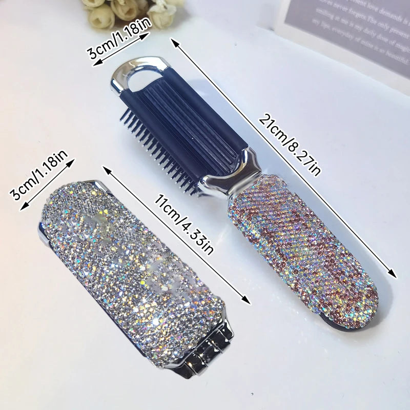 Diamond Mini Portable Folding Comb Mirror 2in1 Bling Rhinestone Air Cushion Comb Cosmetic Travel Pocket Hair Brush Makeup Tool