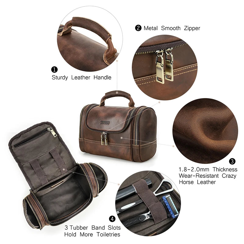 Contact's Men Business Travel Wash Toiletry Bag Crazy Horse Leather Washing Tool Storage Bag Cosmetics Handbag