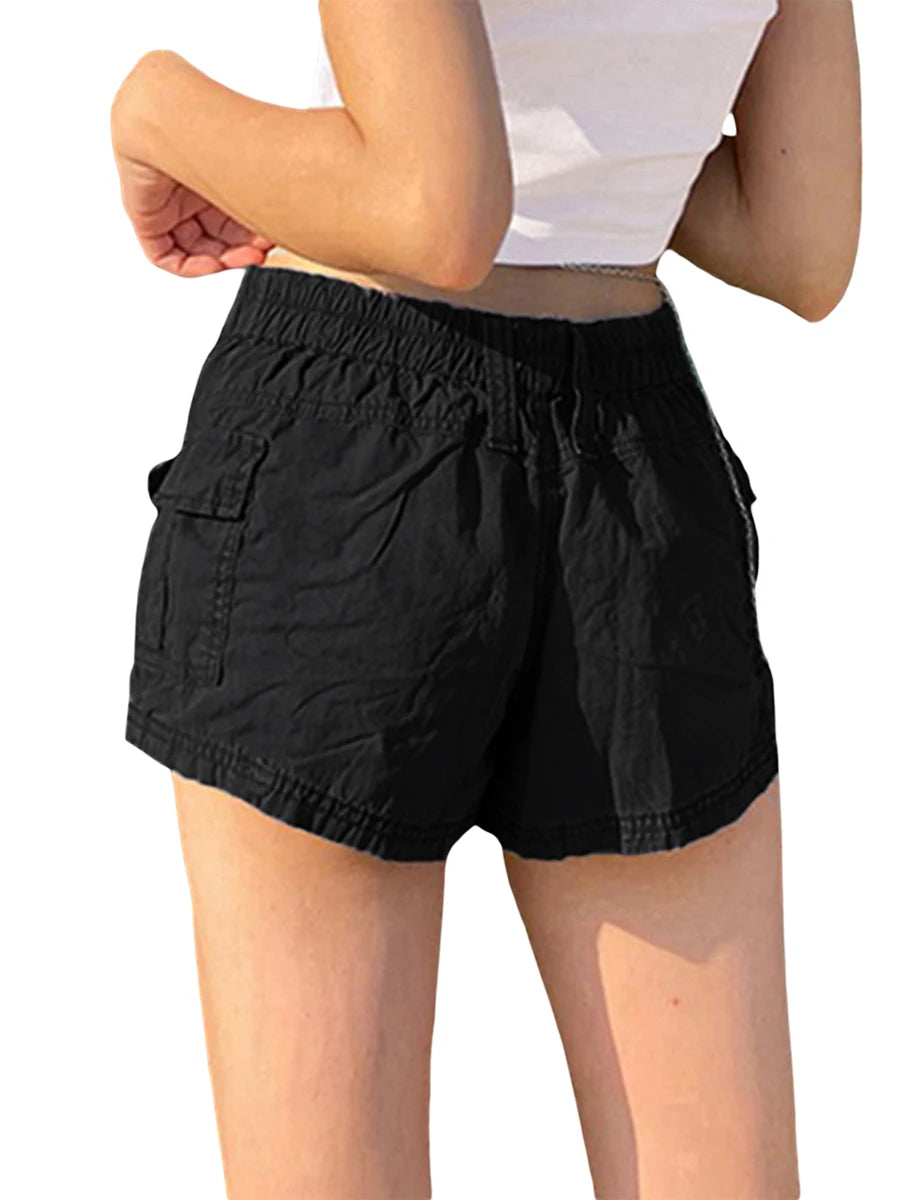 Y2K Harajuku Cargo Shorts for Women Elastic Side Pockets Low Waist Slim Short Hot Pants Hip Pop Hiking Atheletic Clothes