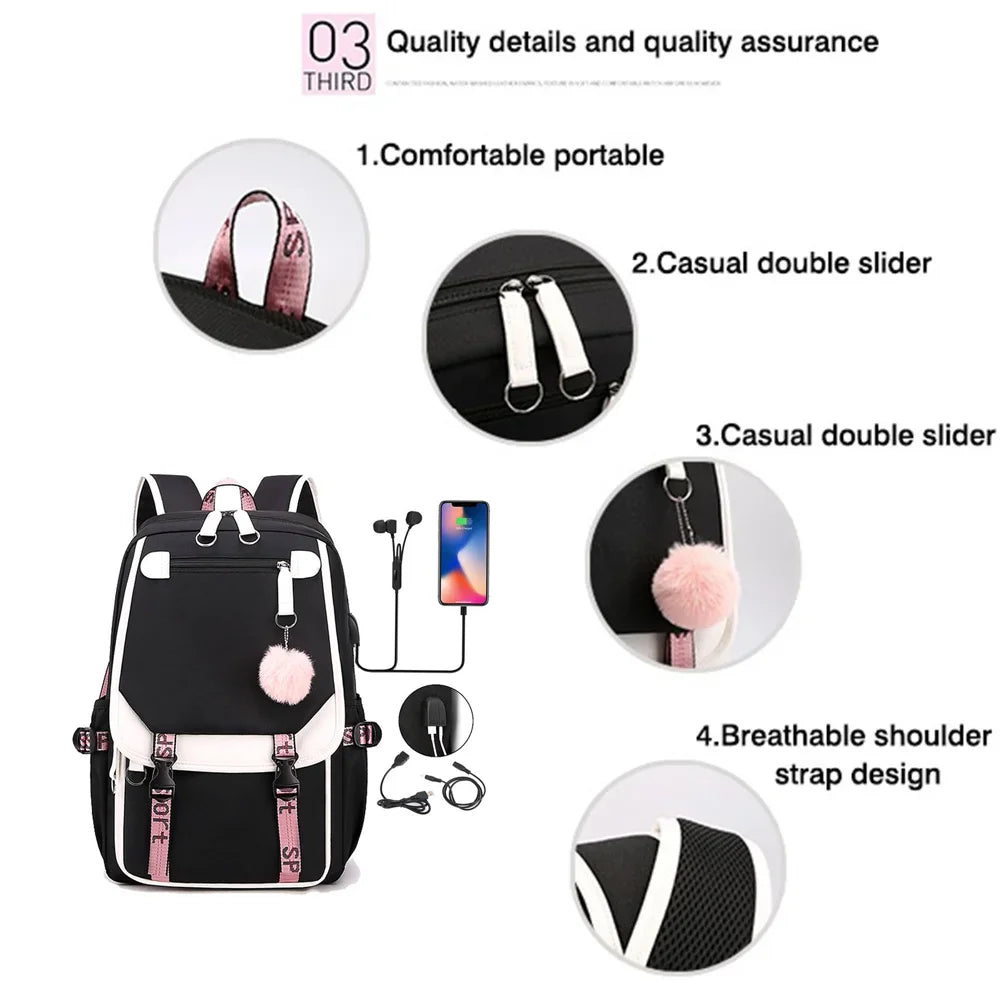 Cute Kawaii Kochou Shinobu Pattern Backpack Teenage Street Anime Backpack Kochou Shinobu Backpack USB Backpacks