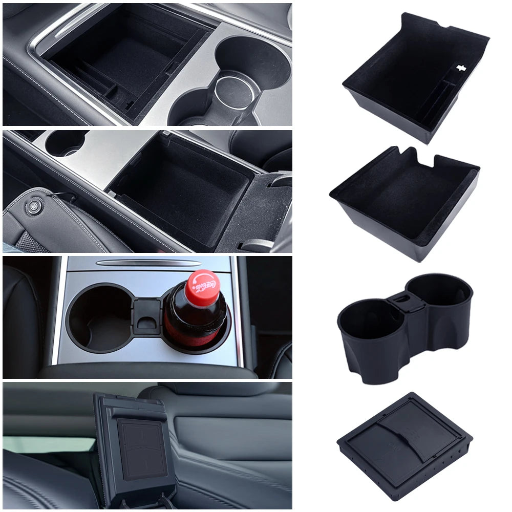 For Tesla Model Y 2024 Hidden Storage Box Car Center Console Armrest Front and Rear Flocking Layered Grid Organized Container