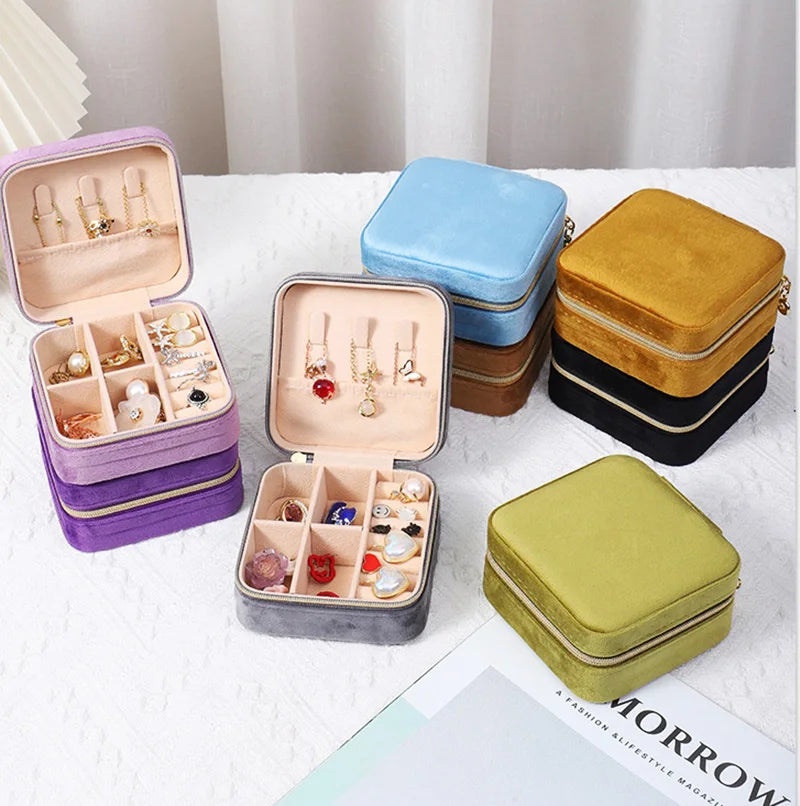 Plush Velvet Jewelry Box For Women Necklace Ring Earrings Organizer Holder Travel Portable Zipper Square Jewelry Storage Case