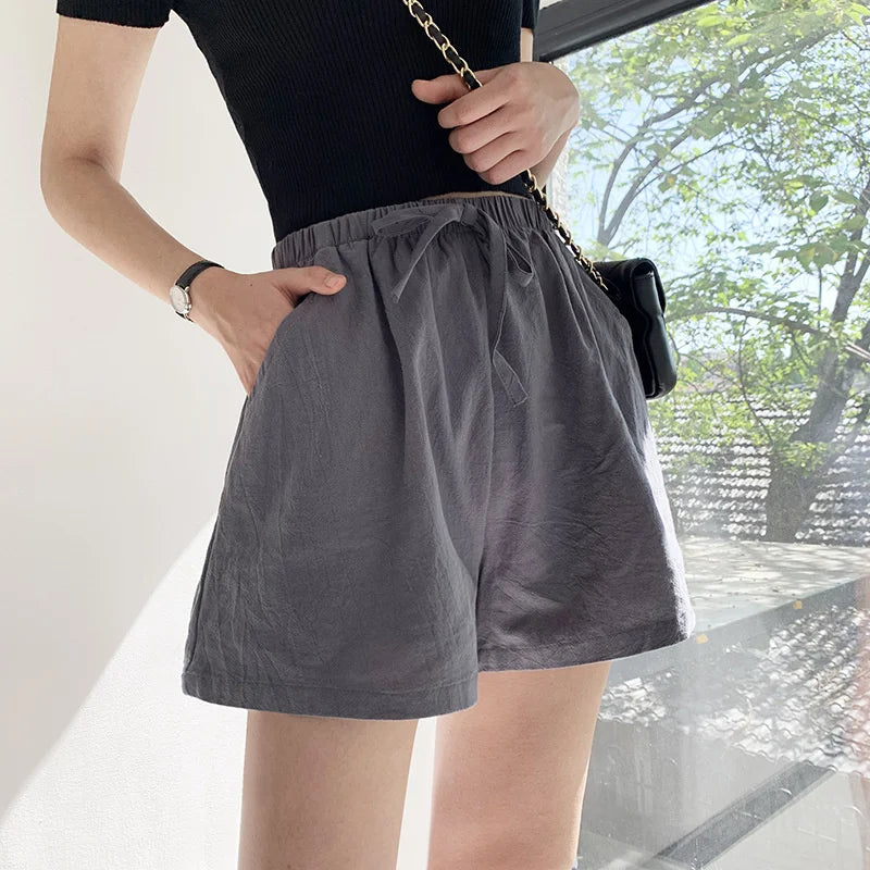 Cotton Linen Shorts Women's Sports Shorts Summer Solid High Waist Black Shorts Women Fashion Casual Basic Short Pants