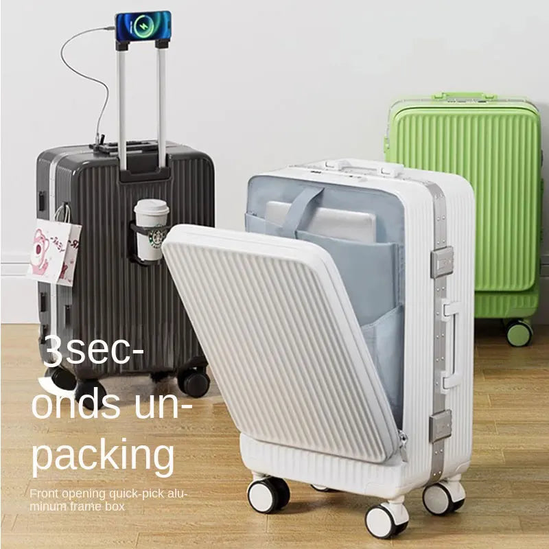 Suitcase Front Opening Laptop Bag Luggage USB Cup Holder Travel Bag Cabin Carry-on Suitcases 18/20/26/28" Rolling Trolley Case