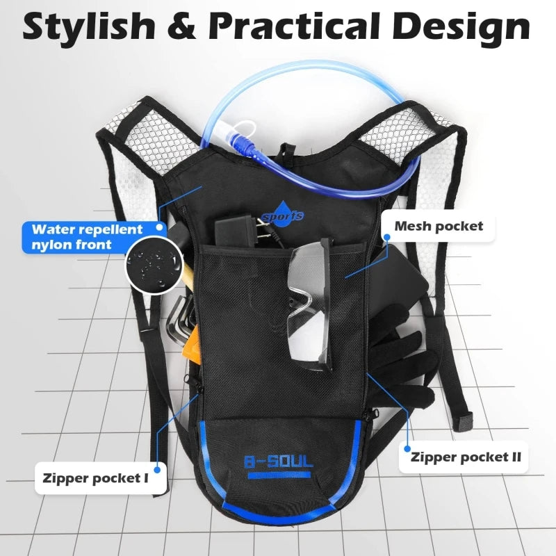 Hydration Backpack Pack W/ 2L Hydration Bladder Lightweight Breathable Water Backpack 3 Layer Pockets for Hiking Running Cycling