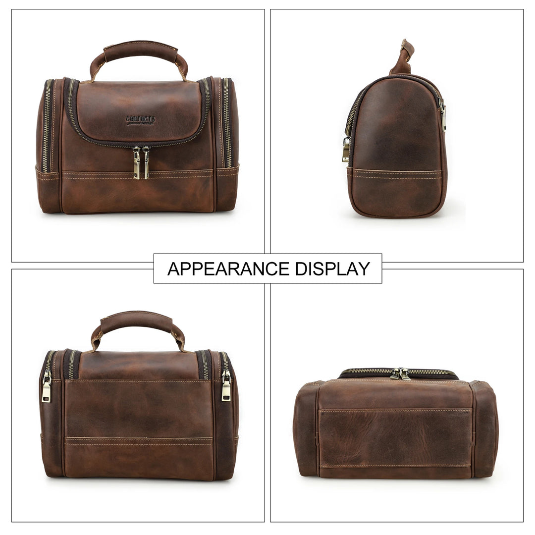 Contact's Men Business Travel Wash Toiletry Bag Crazy Horse Leather Washing Tool Storage Bag Cosmetics Handbag