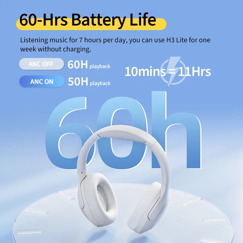 QCY H3 Lite ANC Wireless Headphones Active Noise Cancelling Over Ear Headset Bluetooth 5.3 Earphones 40mm Driver HiFi Sound 60H