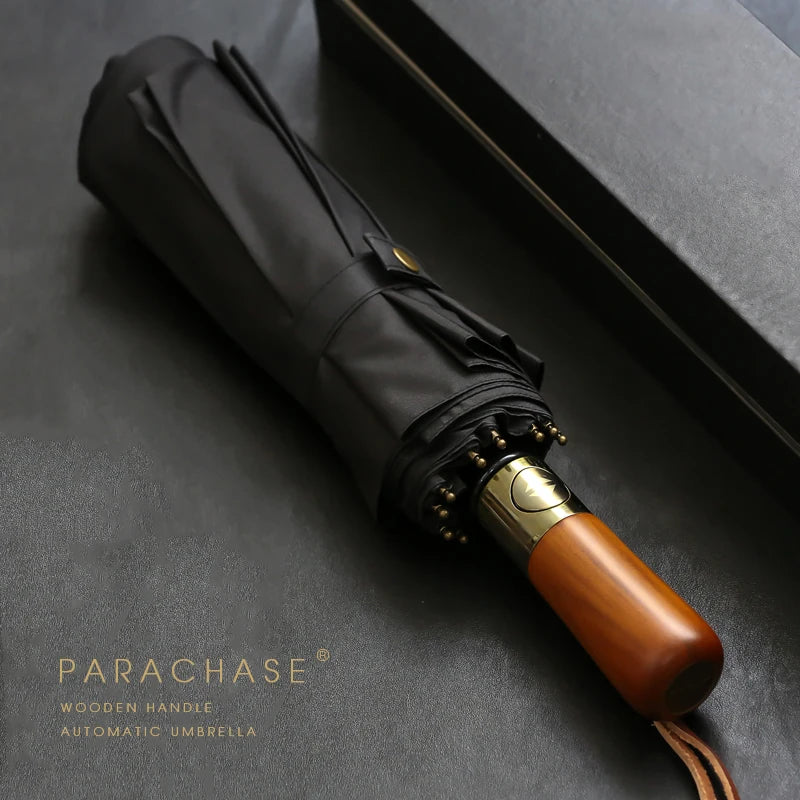 PARACHASE Big Umbrella Men Business Style 115cm Automatic Umbrella Rain Double Layer 10K Windproof Large Golf Umbrellas Wooden