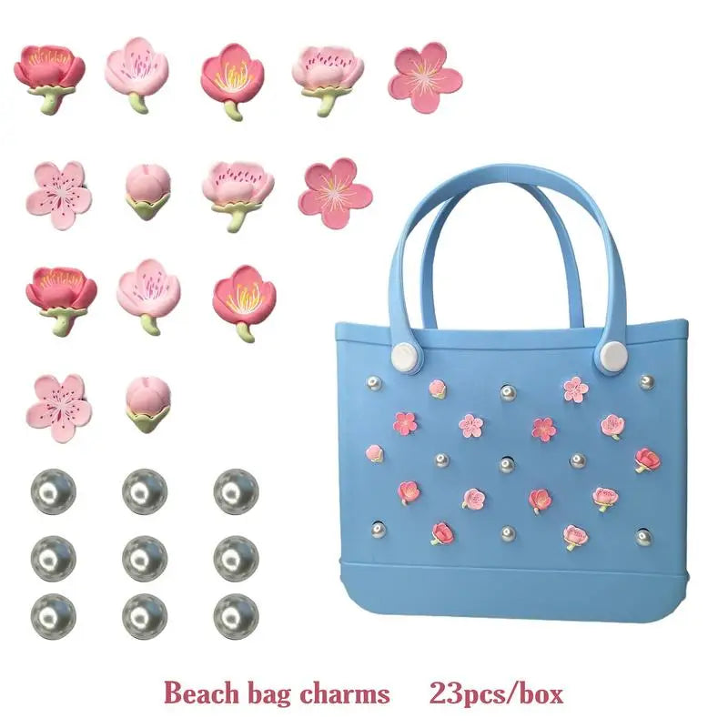 Bogg Bag Charm Inserts 23PCS Rubber Beach Charm for Bogg Bags Flowers Cherry Blossoms Pearls Pvc Rubber Totes Inserts Charm