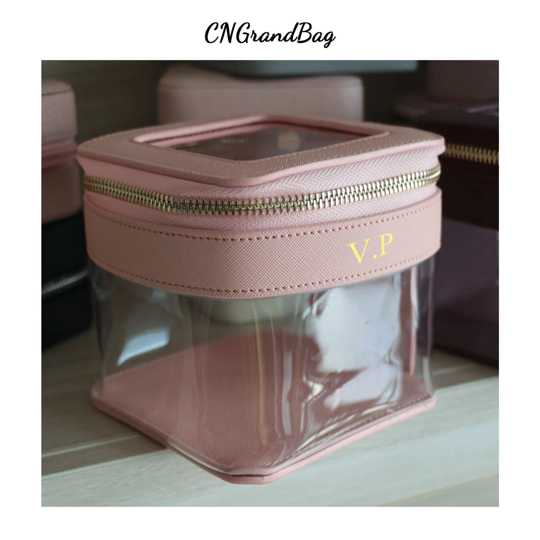 Customizable Letters Saffiano Leather Transparent Cosmetic Bag Waterproof Makeup Bag Small Cosmetic Case Set Portable For Travel