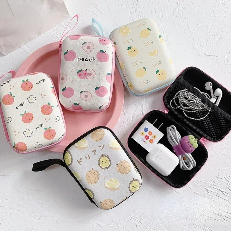 Cute Cartoon Fruit Pattern Headphone Data Cable Storage Bags Charger Power Bank Rectangular Box Zipper Bag Pocket Pouch