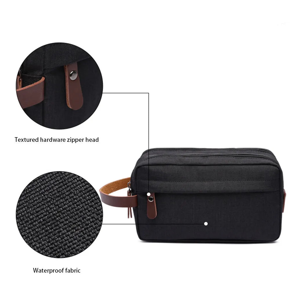 New Casual Canvas Cosmetic Bag with Leather Handle Travel Men Wash Shaving Women Toiletry Storage Waterproof Organizer Bag 2023