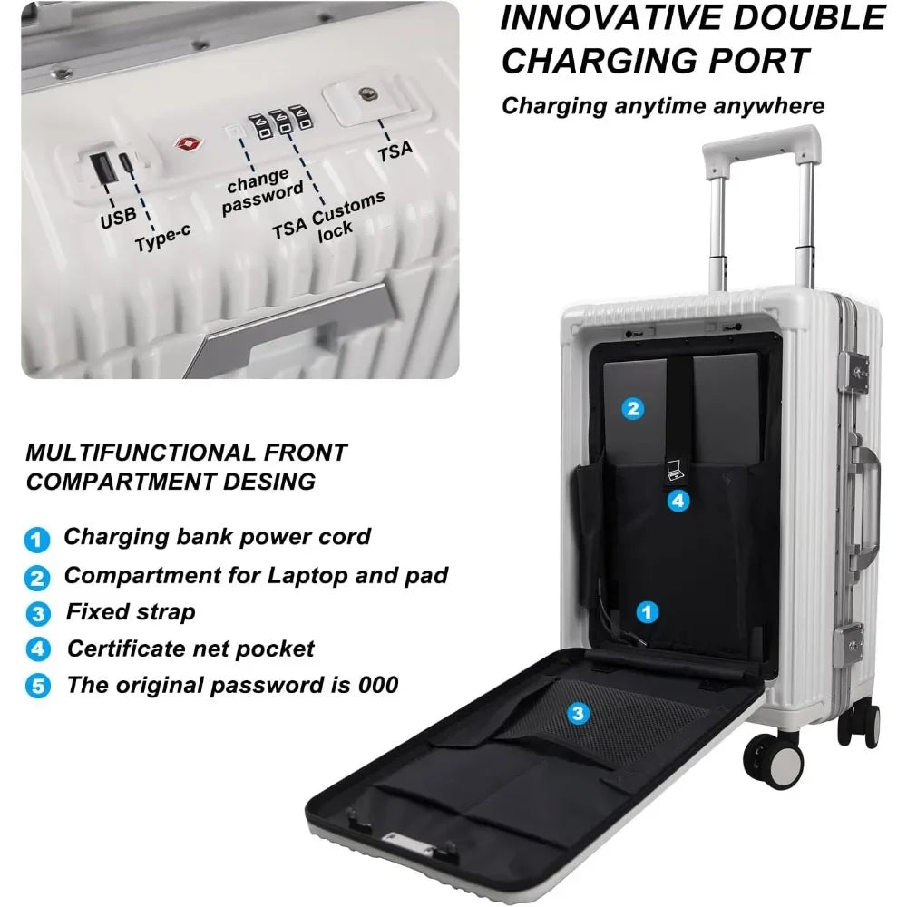 Suitcase，Carry On Luggage with Cup Holder and Usb PortAluminum Frame Front Compartment TSA Lock  22x14x9 Airline Approved