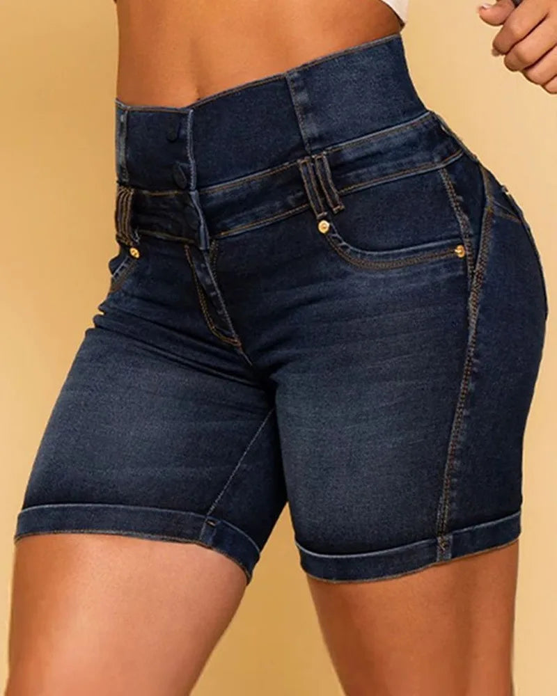 Classic Stretchy Washed Shorts Jeans 2023 Women Solid High Wasit Multi BreastedCasual Zipper Decoration Pocket Denim Shorts