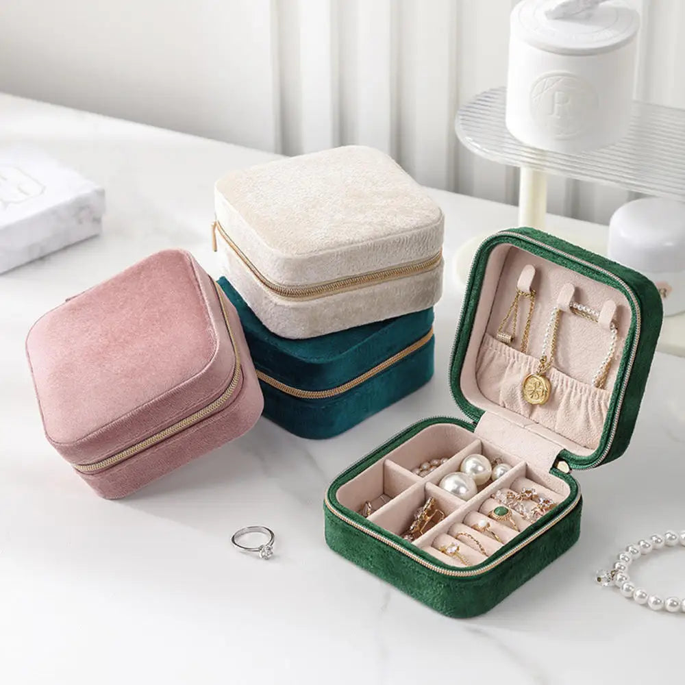 Plush Velvet Jewelry Box For Women Necklace Ring Earrings Organizer Holder Travel Portable Zipper Square Jewelry Storage Case