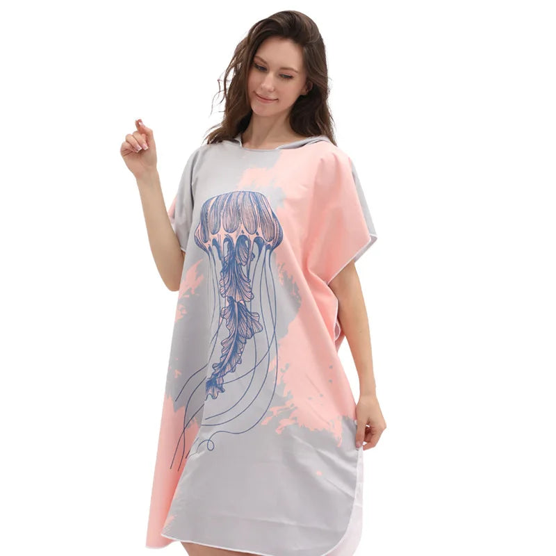 Printed Quick-Dry Swim Beach Towel Robe Surf Poncho Hoodie Double-side Microfiber Beach Cape Changing Bathrobes for Adults Women