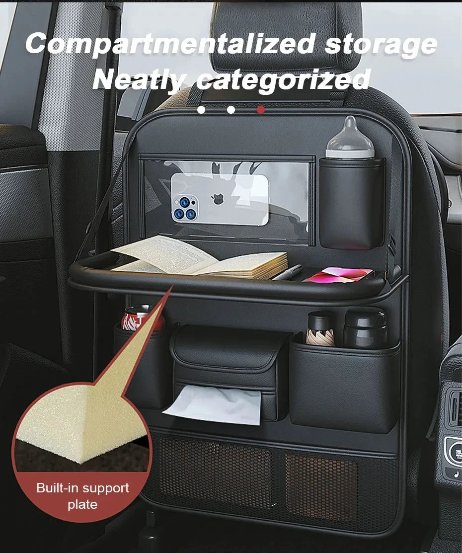 Leather Car Seat Back Organizer Bag Auto Back Seat Storage Bag Foldable Table Tray Tablet Holder Tissue Pockets Car Storage Box