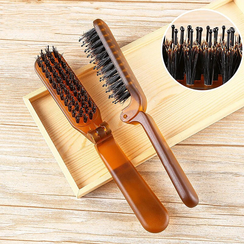 Boar Bristle Hair Brush Amber Foldable Portable Comb Pocket Collapsible Travel Massager Styling Tool Salon Men Women Gift